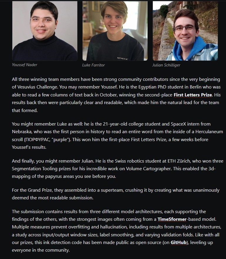 Grand Prize winners Youssef Nader, Luke Farritor and Julian Schilliger, with the prize page text describing each of them.